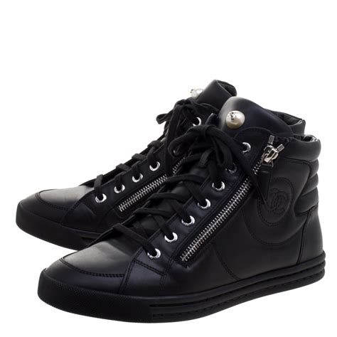 chanel cc sneakers black|Black Chanel high top sneakers.